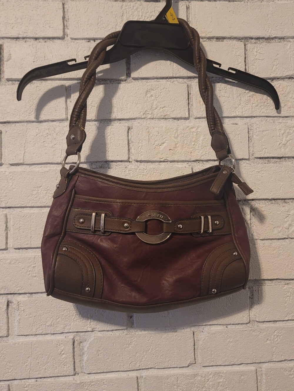 Rosetti Two-Tone Burgundy Wine Shoulder Bag Silver Ring Buckle Studded Accent